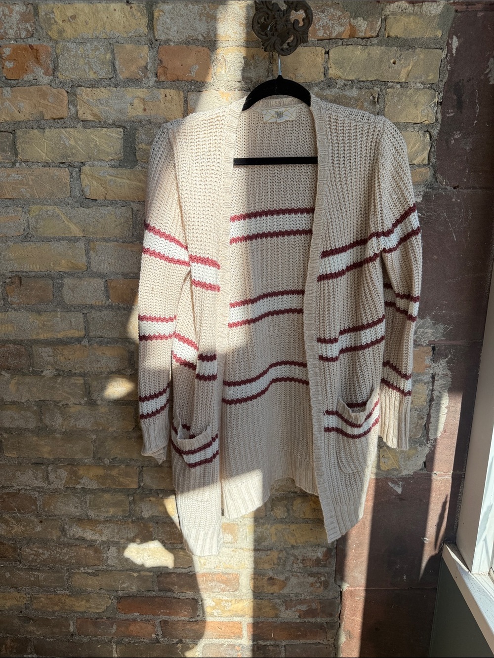Cream Open-Front Stripe Knit Cardigan with Pockets